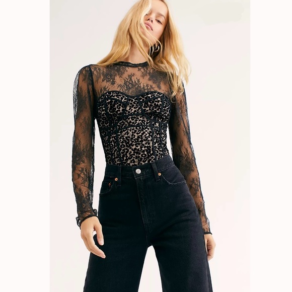 Free People Tops - Free People Black Lace Leopard Mesh Long-Sleeve Bodysuit